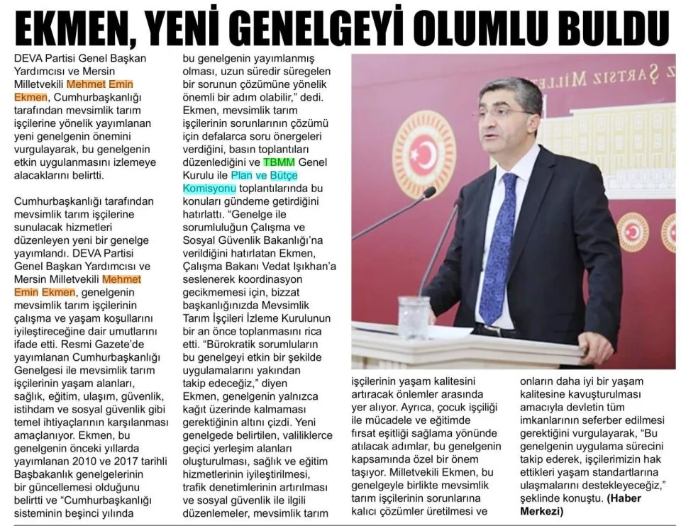 EKMEN YENİ GENELGEYİ OLUMLU BULDU — gazete kupürü