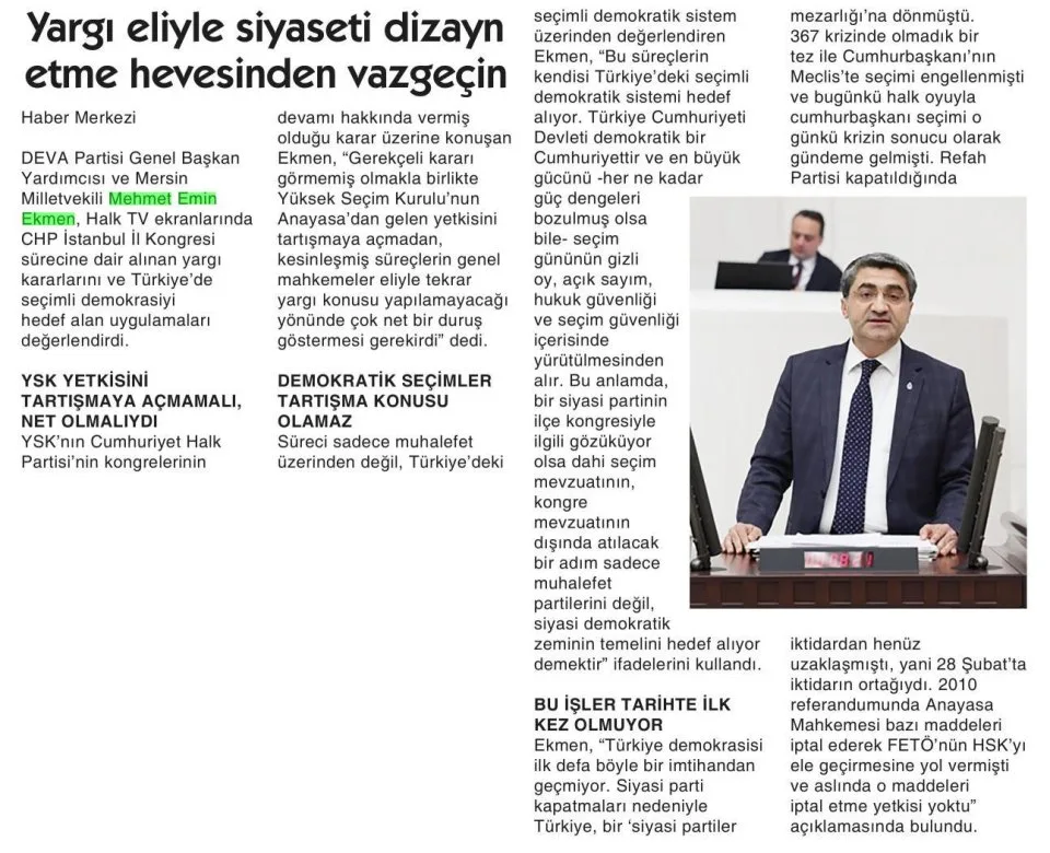 YARGI ELİYLE SİYASETİ DİZAYN ETME HEVESİNDEN VAZGEÇİN — gazete kupürü