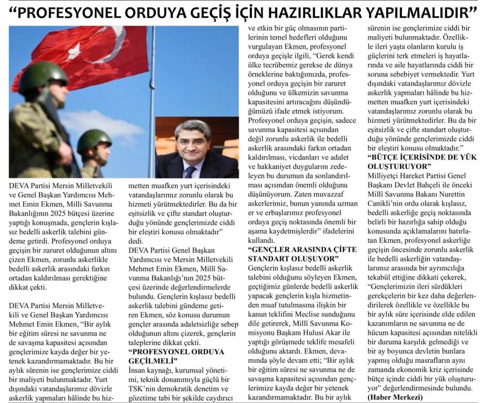 "PROFESYONEL ORDUYA GEÇİŞ İÇİN HAZIRLIKLAR YAPILMALIDIR" — gazete kupürü