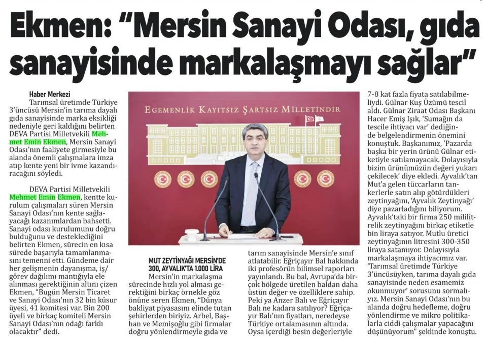 EKMEN: MERSİN SANAYİ ODASI GIDA SANAYİSİNDE MARKALAŞMAYI SAĞLAR — gazete kupürü