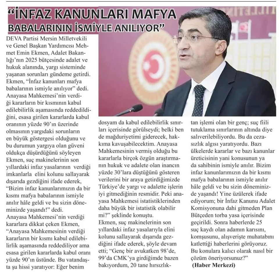 "İNFAZ KANUNLARI MAFYA BABALARININ İSMİYLE ANILIYOR" — gazete kupürü