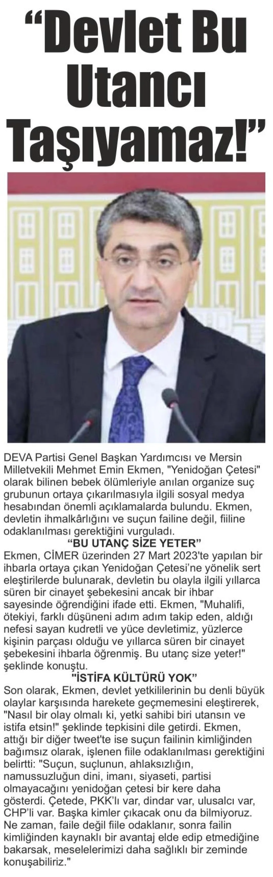 "DEVLET BU UTANCI TAŞIYAMAZ!" — gazete kupürü