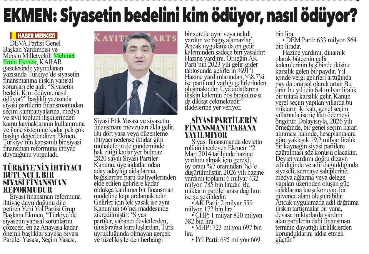 EKMEN: SİYASETİN BEDELİNİ KİM ÖDÜYOR NASIL ÖDÜYOR — gazete kupürü