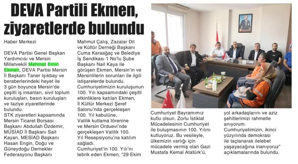 DEVA PARTİLİ EKMEN, ZİYARETLERDE BULUNDU — gazete kupürü