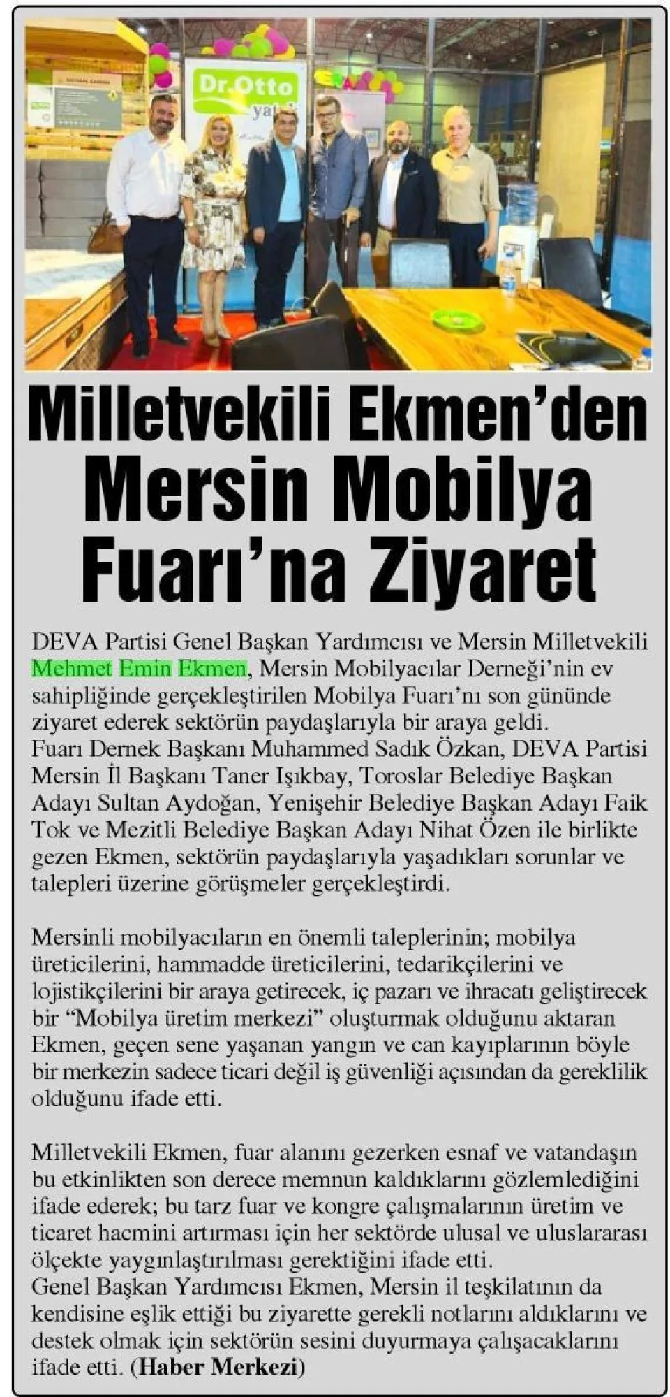 MİLLETVEKİLİ EKMEN'DEN MERSİN MOBİLYA FUARI'NA ZİYARET — gazete kupürü