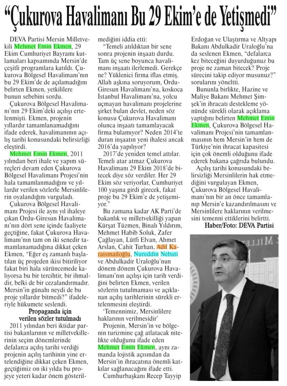 "ÇUKUROVA HAVALİMANI BU 29 EKİM'E DE YETİŞMEDİ" — gazete kupürü
