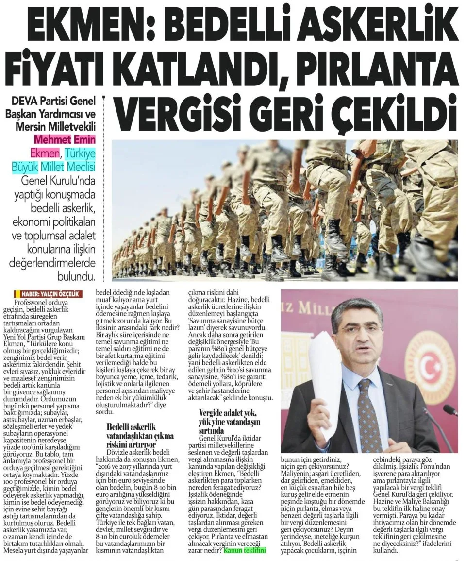 EKMEN : BEDELLİ ASKERLİK FİYATI KATLANDI , PIRLANTA VERGİSİ GERİ ÇEKİLDİ — gazete kupürü