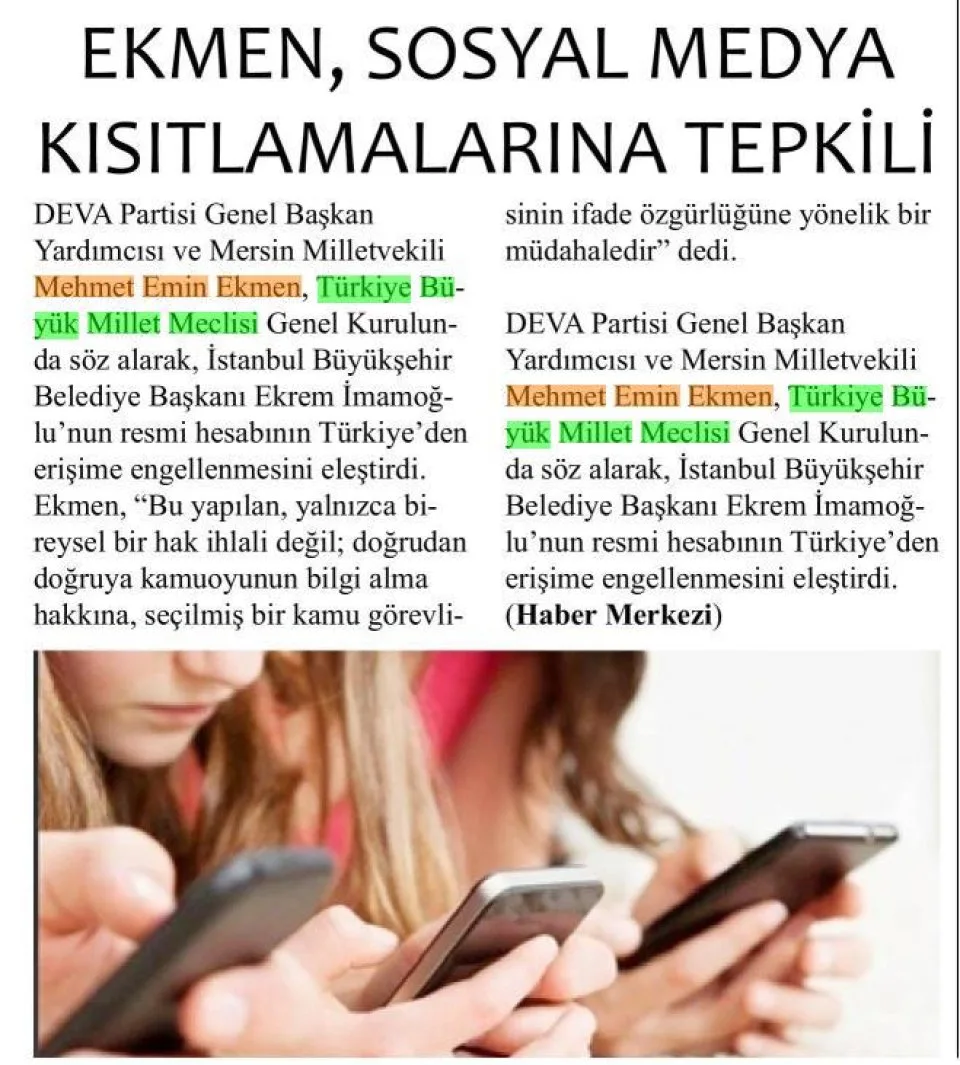 EKMEN, SOSYAL MEDYA KISITLAMALARINA TEPKİLİ — gazete kupürü