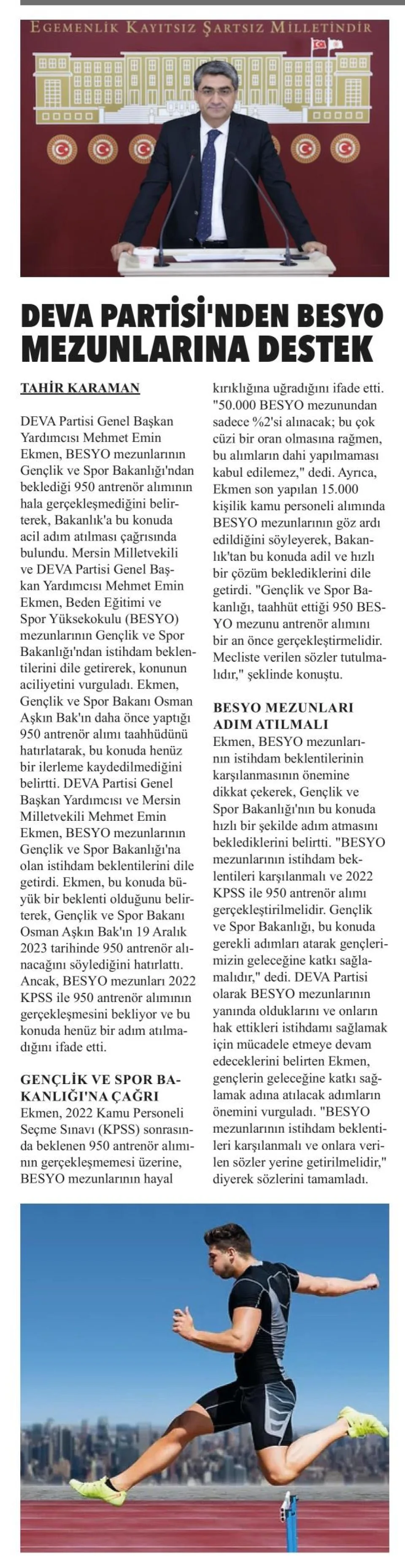 DEVA PARTİSİ GENEL BAŞKAN YARDIMCISI MEHMET EMİN EKMEN'DEN BESYO MEZUNLARINA DESTEK — gazete kupürü