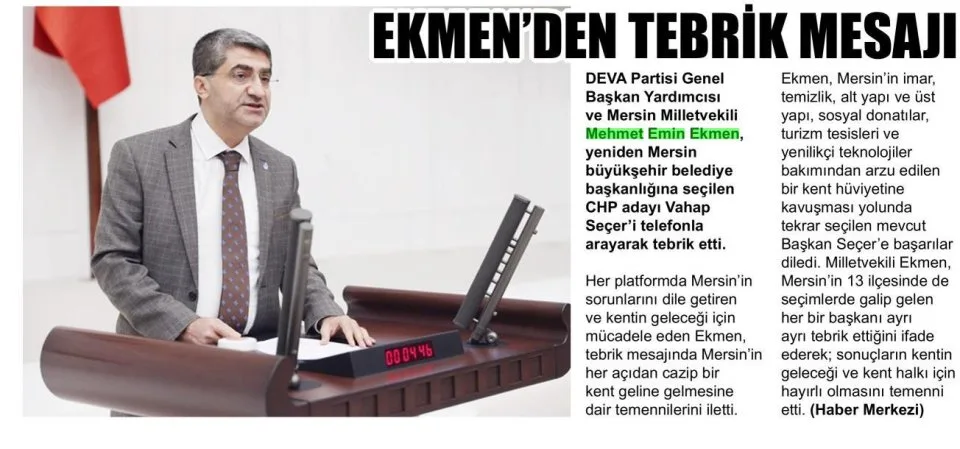 EKMEN'DEN TEBRİK MESAJI — gazete kupürü