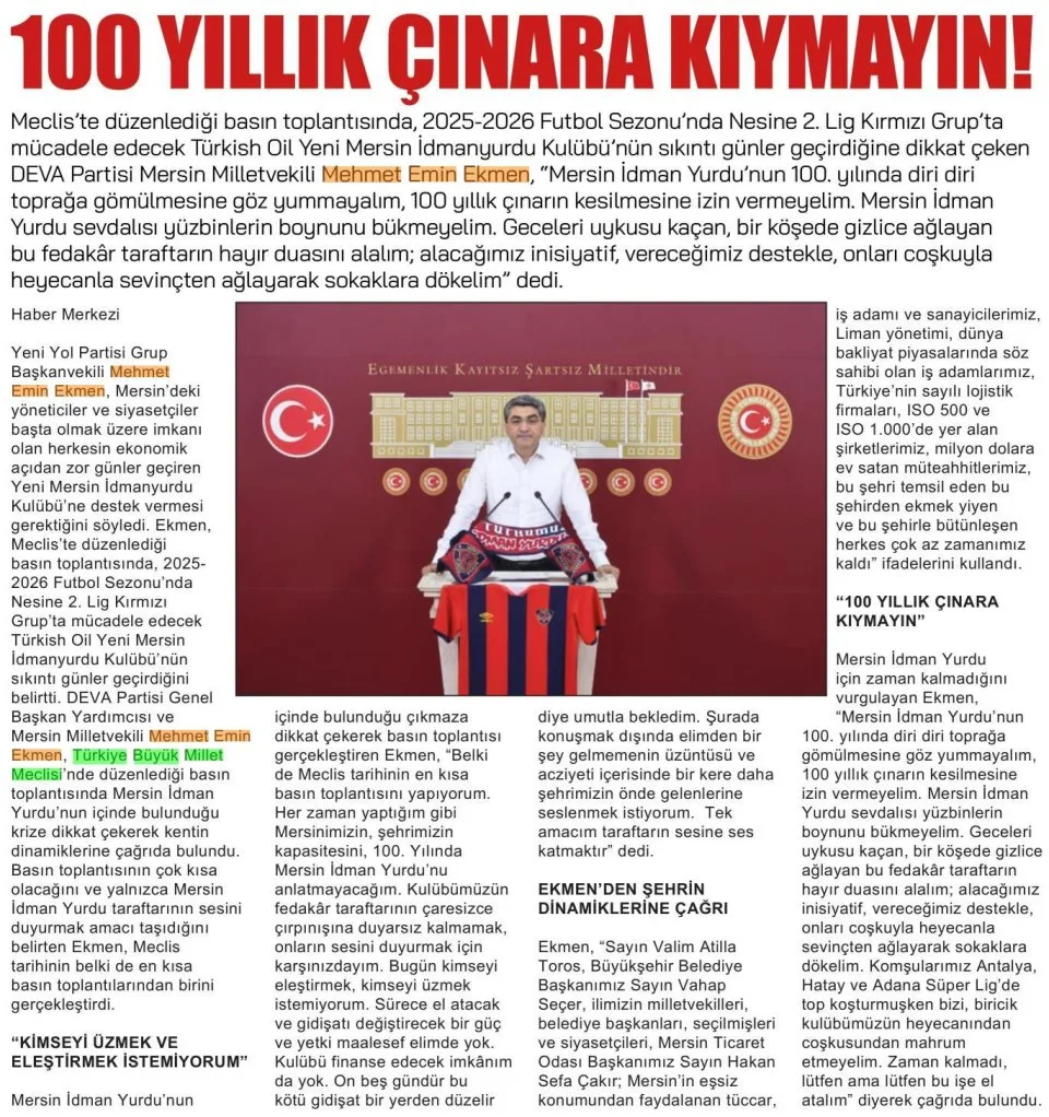 100 YILLIK ÇINARA KIYMAYIN! — gazete kupürü