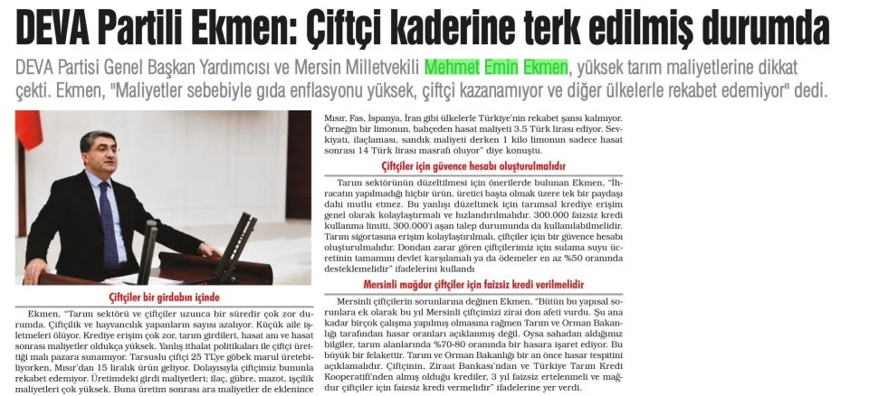 EKMEN: ÇİFTÇİ KADERİNE TERK EDİLMİŞ DURUMDA — gazete kupürü