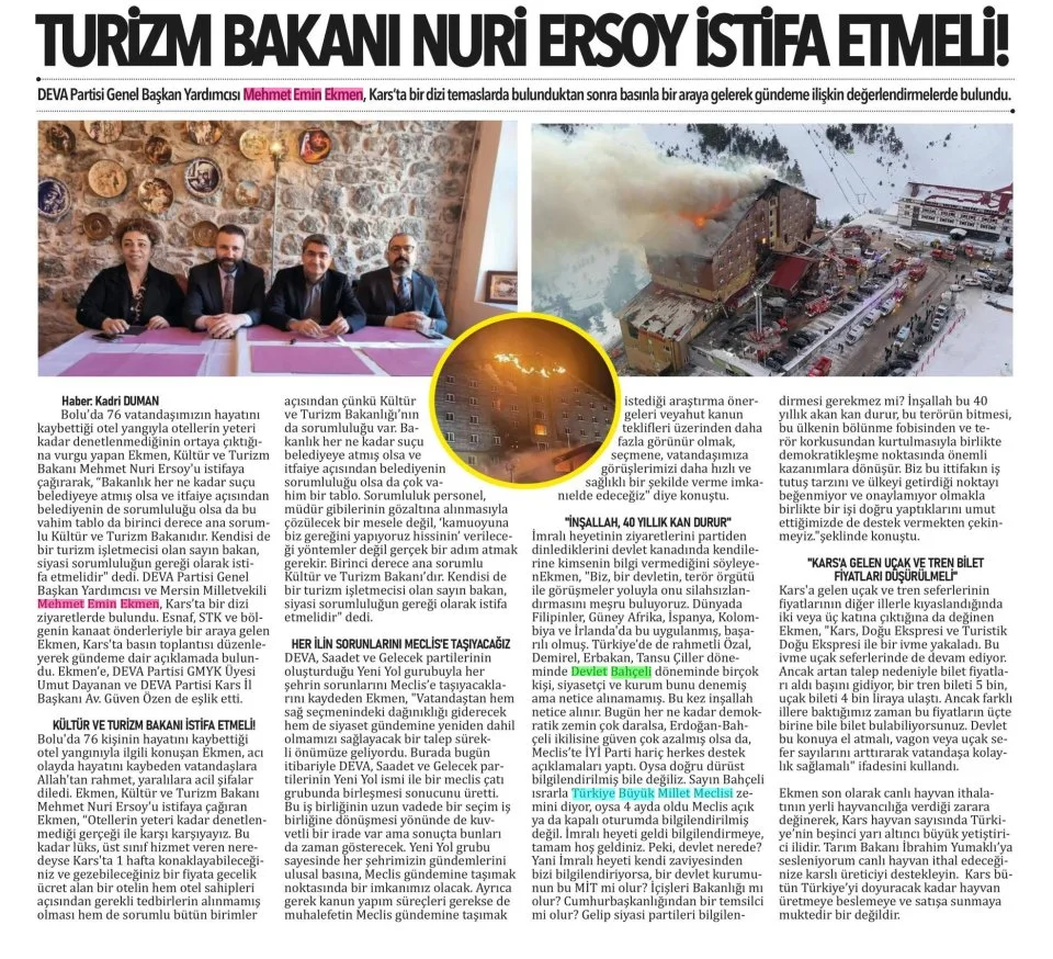TURİZM BAKANI NURİ ERSOY İSTİFA ETMELİ! — gazete kupürü