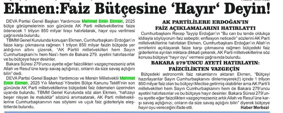 EKMEN: FAİZ BÜTÇESİNE HAYIR DEYİN — gazete kupürü