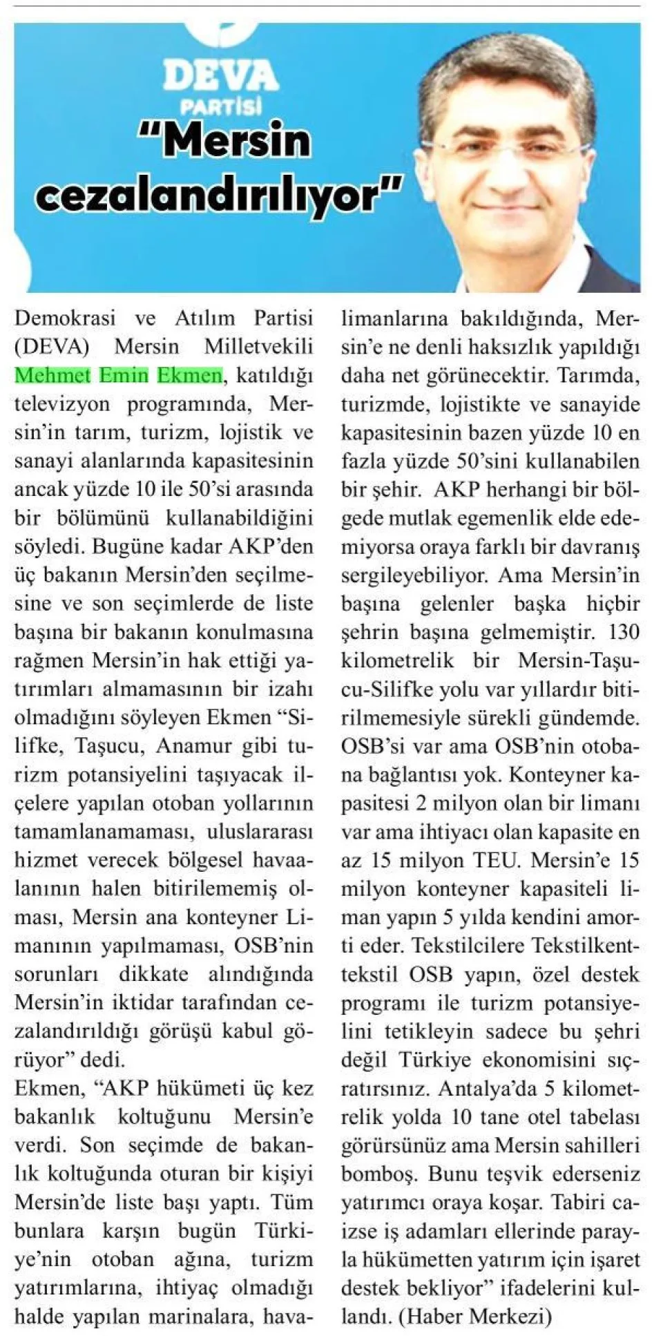 MERSİN CEZALANDIRILIYOR — gazete kupürü