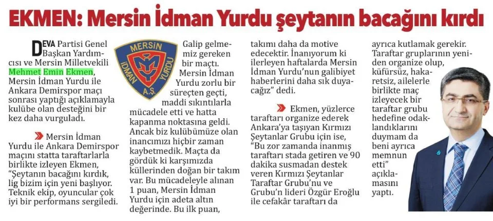 EKMEN: MERSİN İDMAN YURDU ŞEYTANIN BAŞAĞINI KIRDI — gazete kupürü