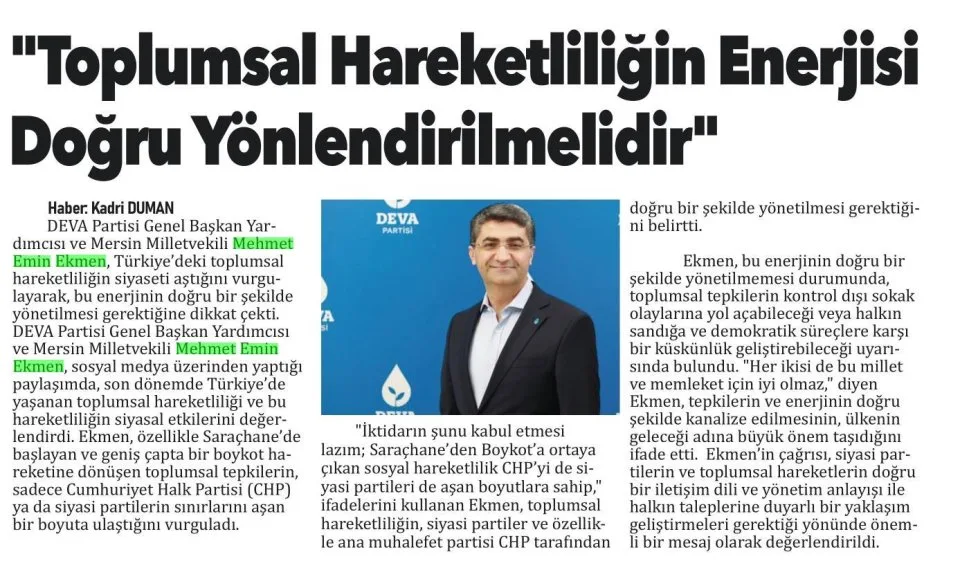 "TOPLUMSAL HAREKETLİLİĞİN ENERJİSİ DOĞRU YÖNLENDİRİLMELİDİR" — gazete kupürü