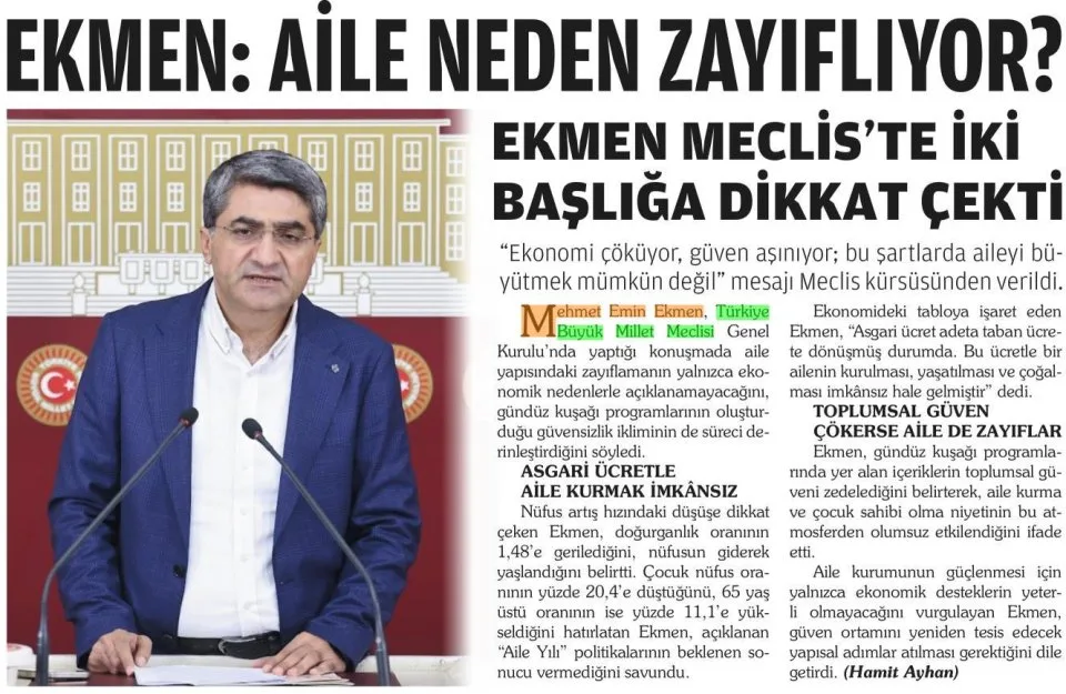 EKMEN: AİLE NEDEN ZAYIFLIYOR — gazete kupürü