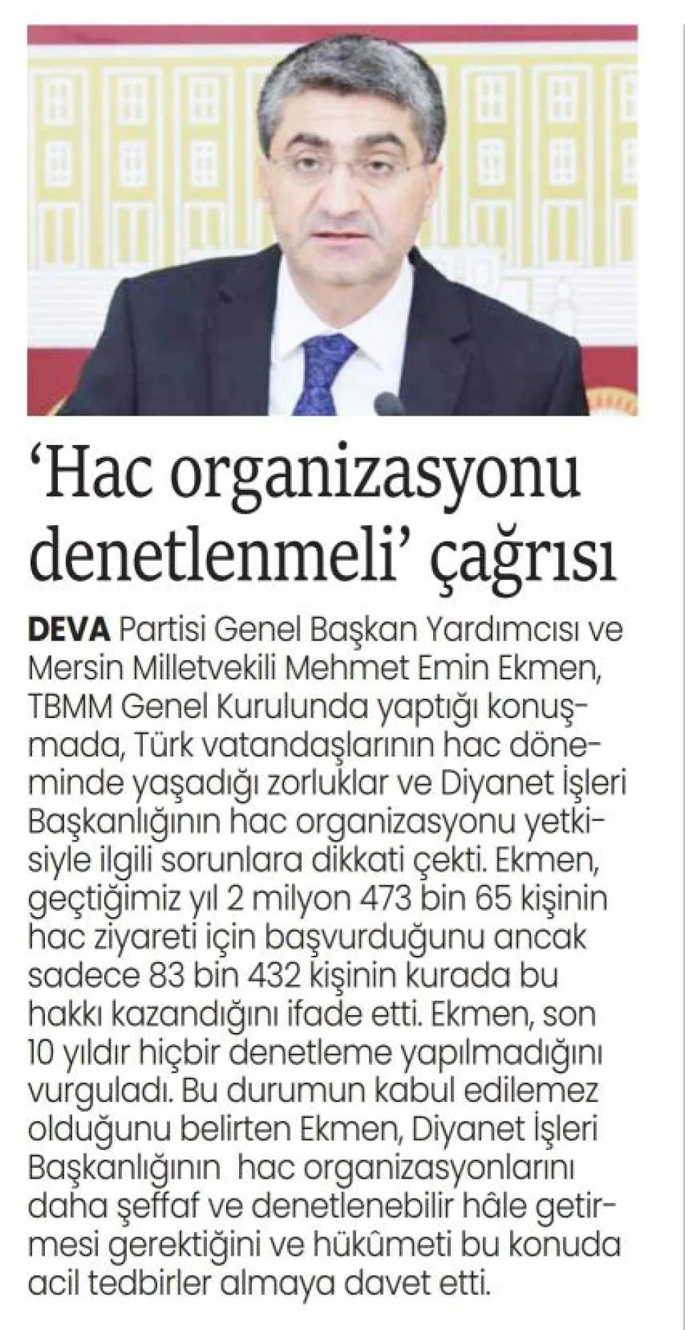 HAC ORGANİZASYONU DENETLENMELİ ÇAĞRISI — gazete kupürü