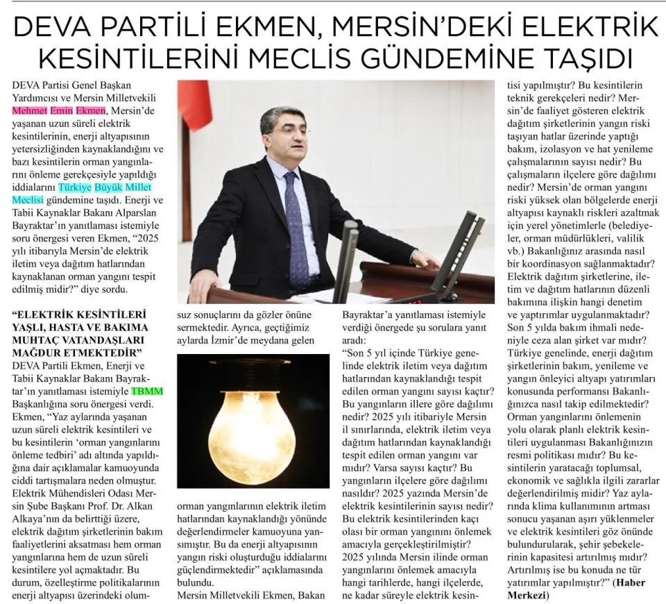 ELEKTRİK KESİNTİLERİ EKMEN'İN GÜNDEMİNDE — gazete kupürü