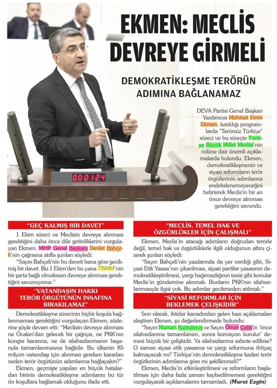 EKMEN : MECLİS DEVREYE GİRMELİ — gazete kupürü