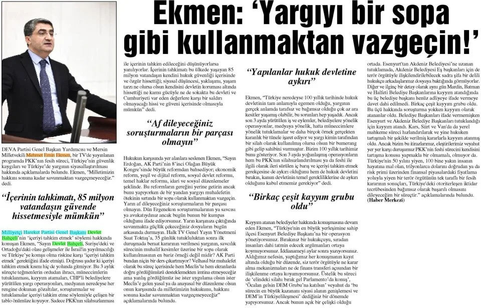 EKMEN: 'YARGIYI BİR SOPA GİBİ KULLANMAKTAN VAZGEÇİN!' — gazete kupürü