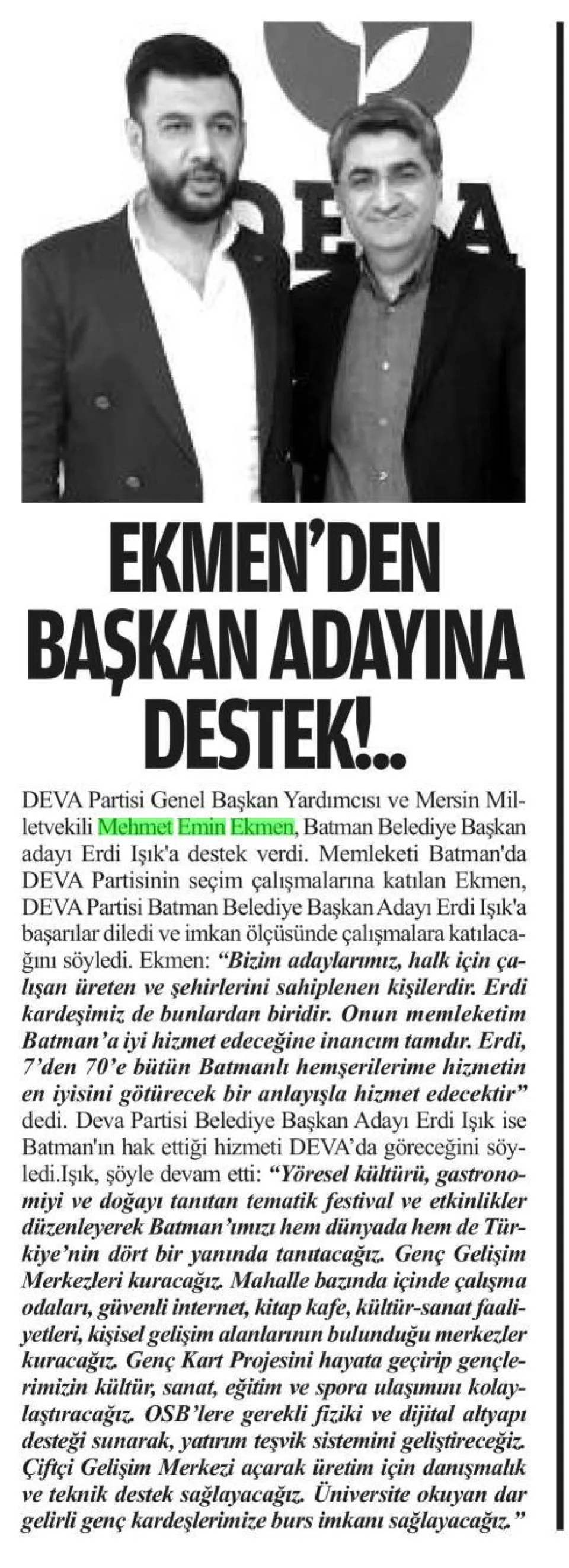 EKMENDEN BAŞKAN ADAYINA DESTEK! — gazete kupürü