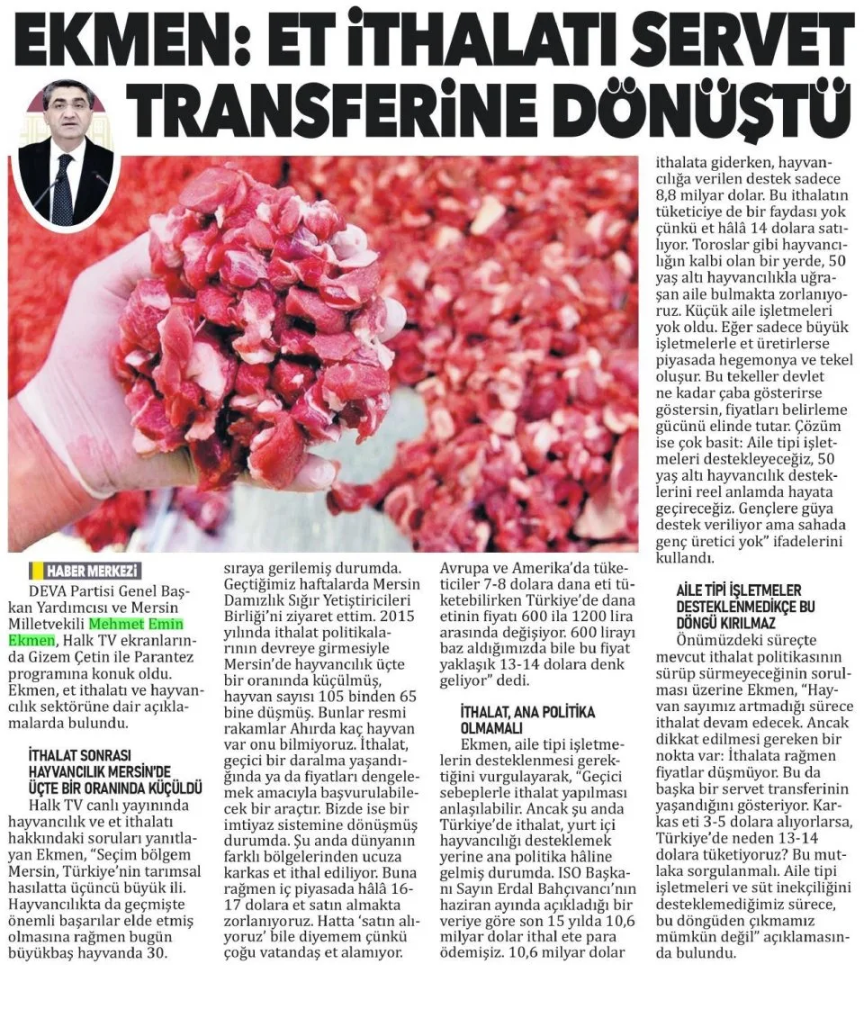 EKMEN: ET İTHALATI SERVET TRANSFERİNE DÖNÜŞTÜ — gazete kupürü