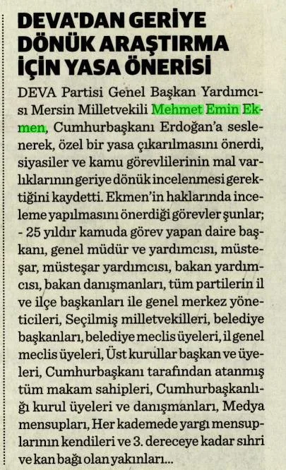DEVADAN GERİYE DÖNÜK ARAŞTIRMA İÇİN YASA ÖNERİSİ — gazete kupürü