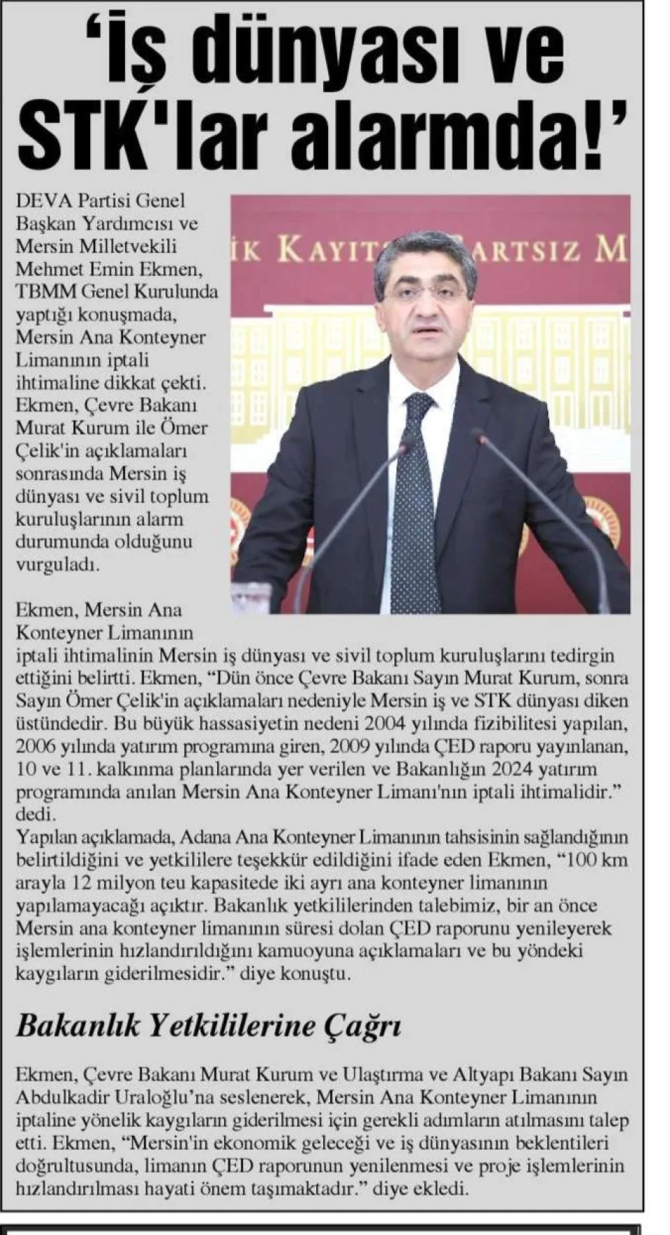 'İŞ DÜNYASI VE STK'LAR ALARMDA!' — gazete kupürü