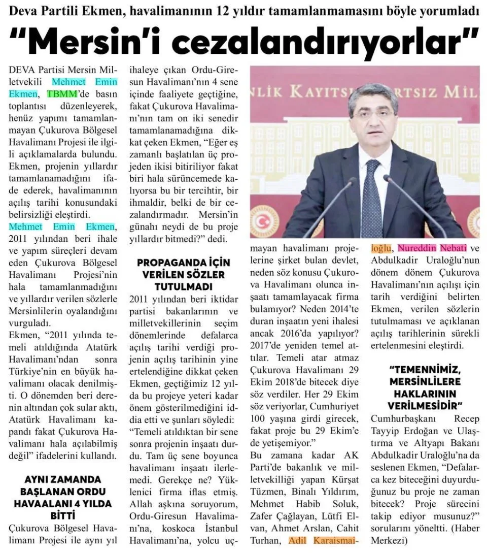 ÇUKUROVA HAVALİMANI NEDEN YILLARDIR BİTMEDİ? — gazete kupürü