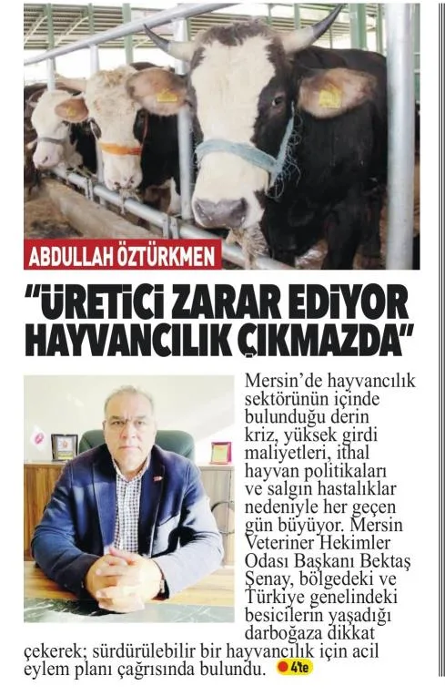 "ÜRETİCİ ZARAR EDİYOR HAYVANCILIK ÇIKMAZDA" — gazete kupürü