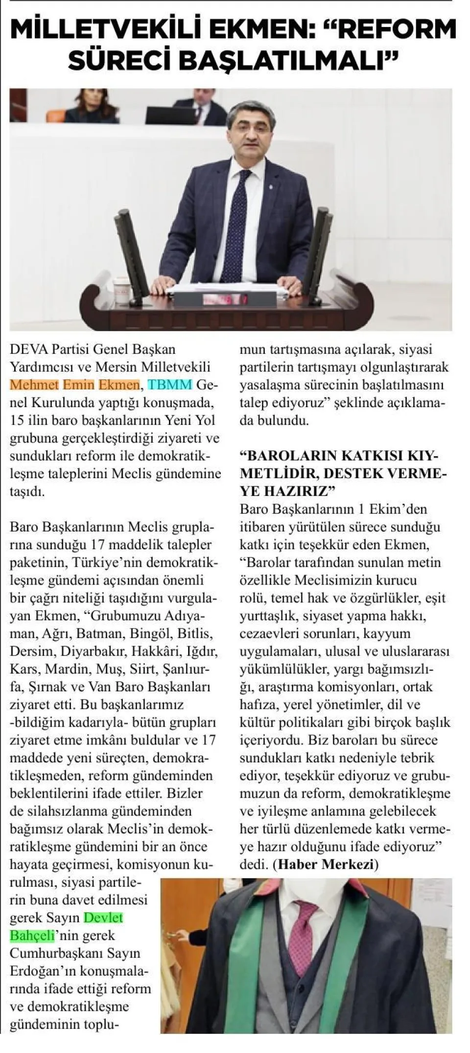 MİLLETVEKİLİ EKMEN REFORM SÜRECİ BAŞLATILMALI — gazete kupürü