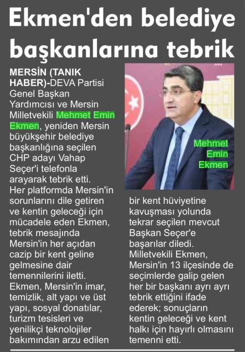 EKMENDEN BELEDİYE BAŞKANLARINA TEBRİK — gazete kupürü