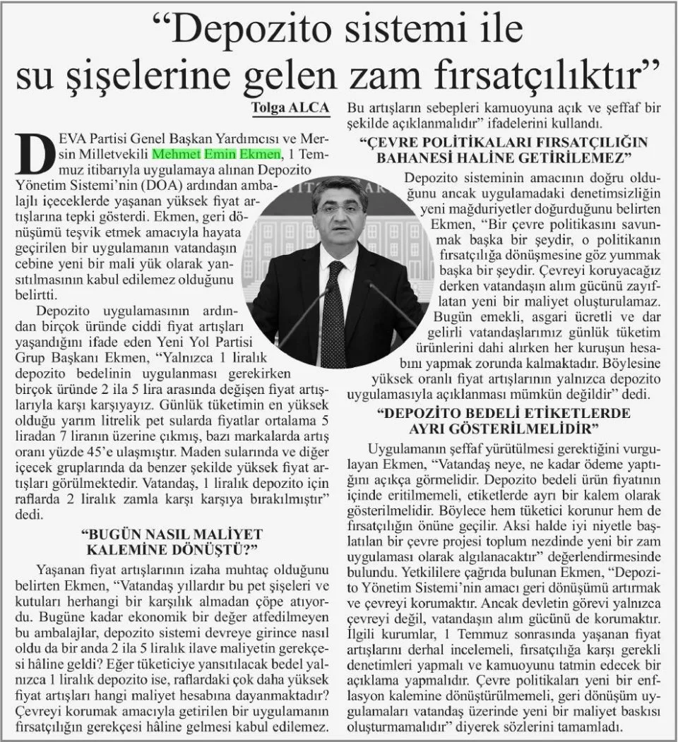 'DEPOZİTO SİSTEMİ İLE SU ŞİŞELERİNE GELEN ZAM FIRSATÇILIKTIR' — gazete kupürü