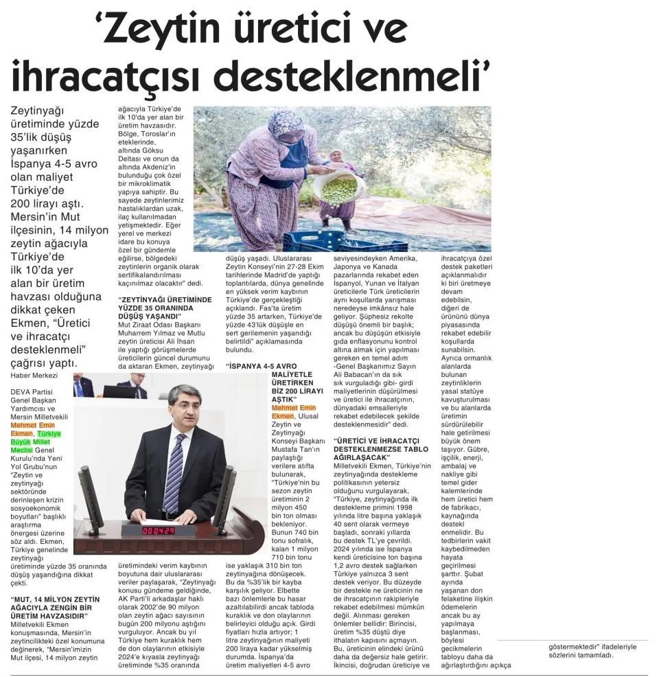 ZEYTİN ÜRETİCİSİ İÇİN DESTEK ÇAĞRISI — gazete kupürü
