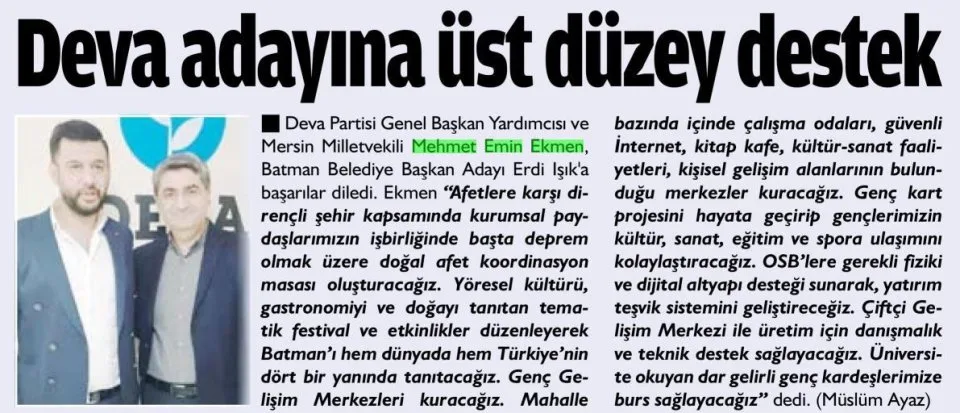 DEVA ADAYINA ÜST DÜZEY DESTEK — gazete kupürü