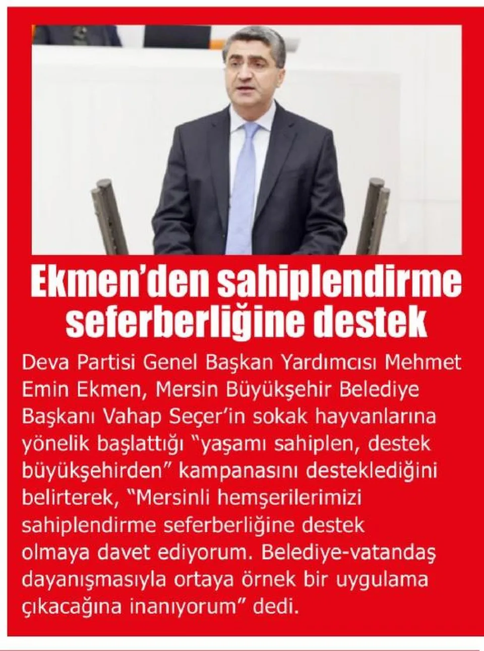 EKMEN'DEN SAHİPLENDİRME SEFERBERLİĞİNE DESTEK — gazete kupürü