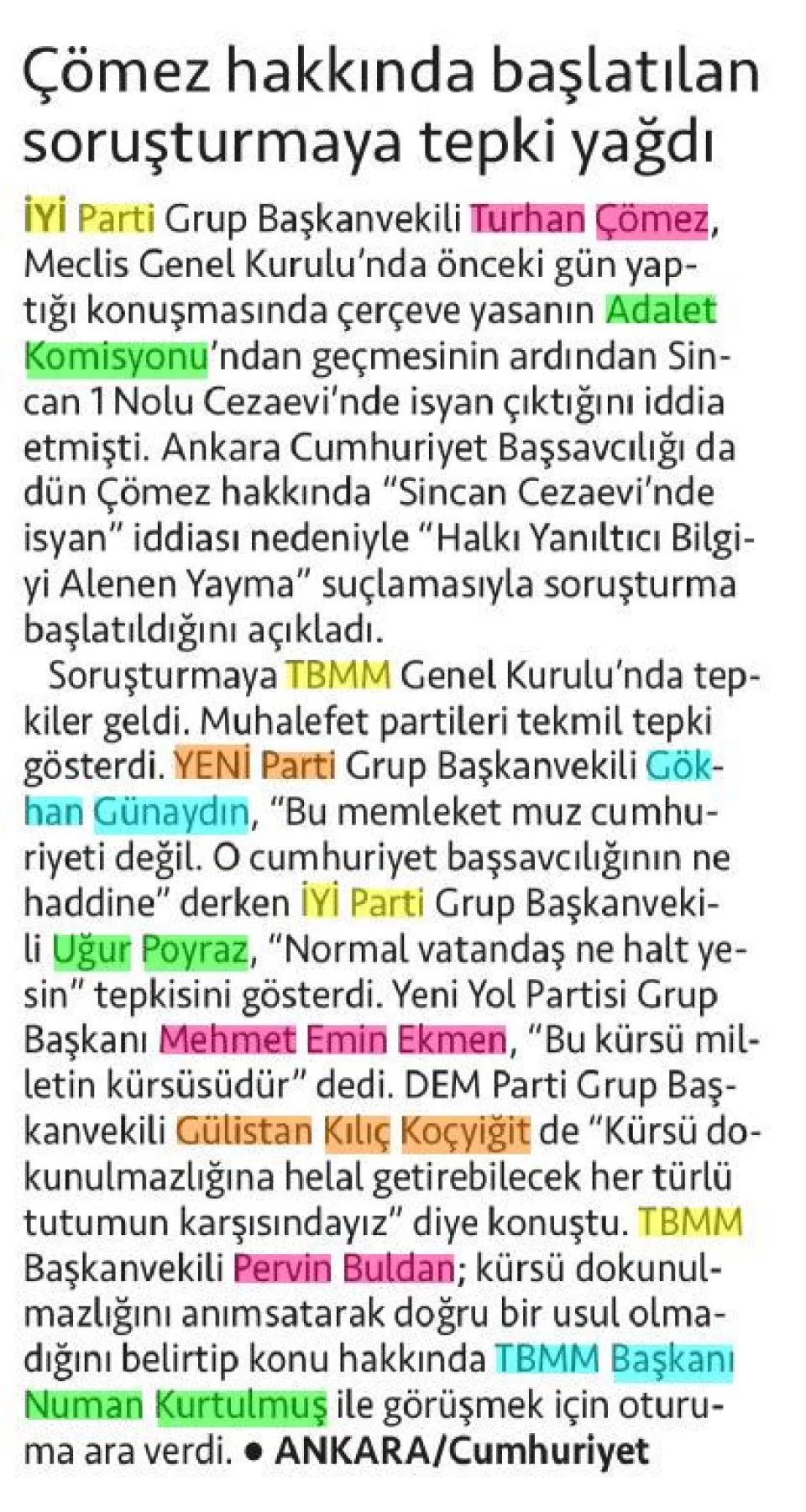ÇÖMEZ HAKKINDA BAŞLATILAN SORUŞTURMAYA TEPKİ YAĞDI — gazete kupürü