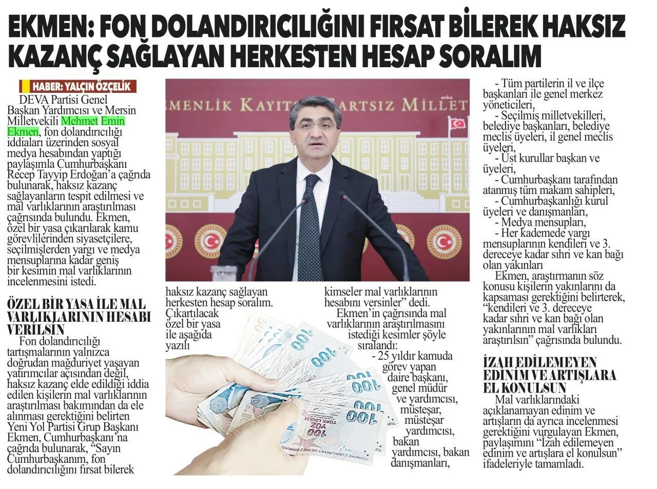 EKMEN: FON DOLANDIRICILIĞINI FIRSAT BİLEREK HAKSIZ KAZANÇ SAĞLAYAN HERKESTEN HESAP SORALIM — gazete kupürü