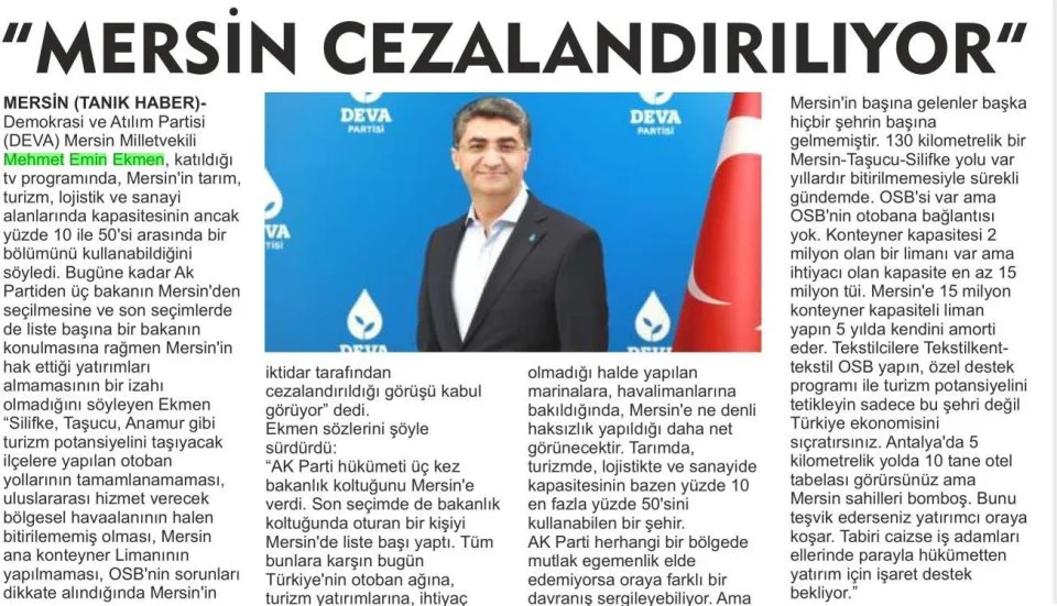 ''MERSİN CEZALANDIRILIYOR" — gazete kupürü