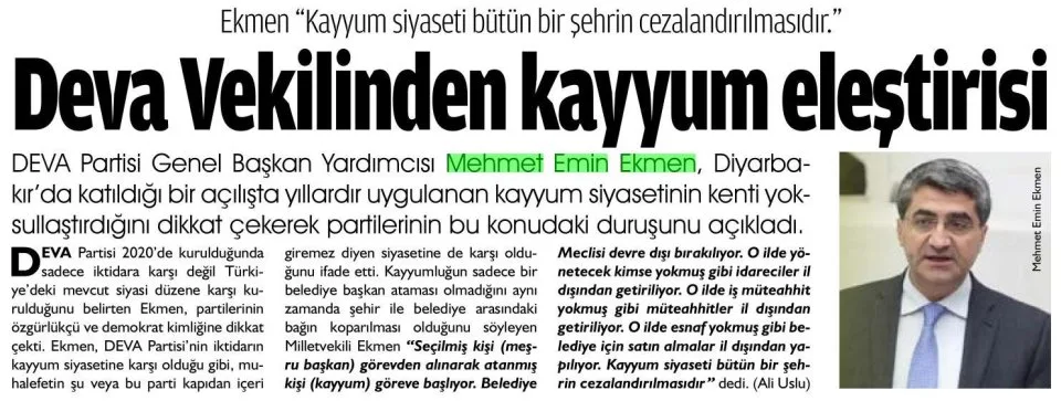 DEVA VEKİLİNDEN KAYYUM ELEŞTİRİSİ — gazete kupürü