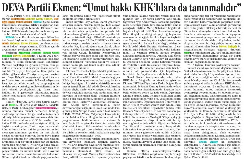 DEVA PARTİLİ EKMEN: "UMUT HAKKI KHK'LILARA DA TANINMALIDIR" — gazete kupürü