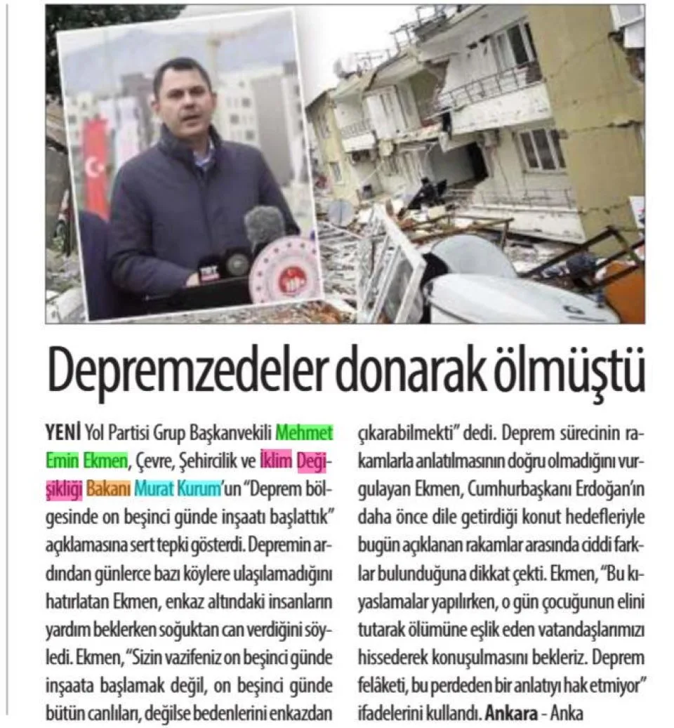 DEPREMZEDELER DONARAK ÖLMÜŞTÜ — gazete kupürü