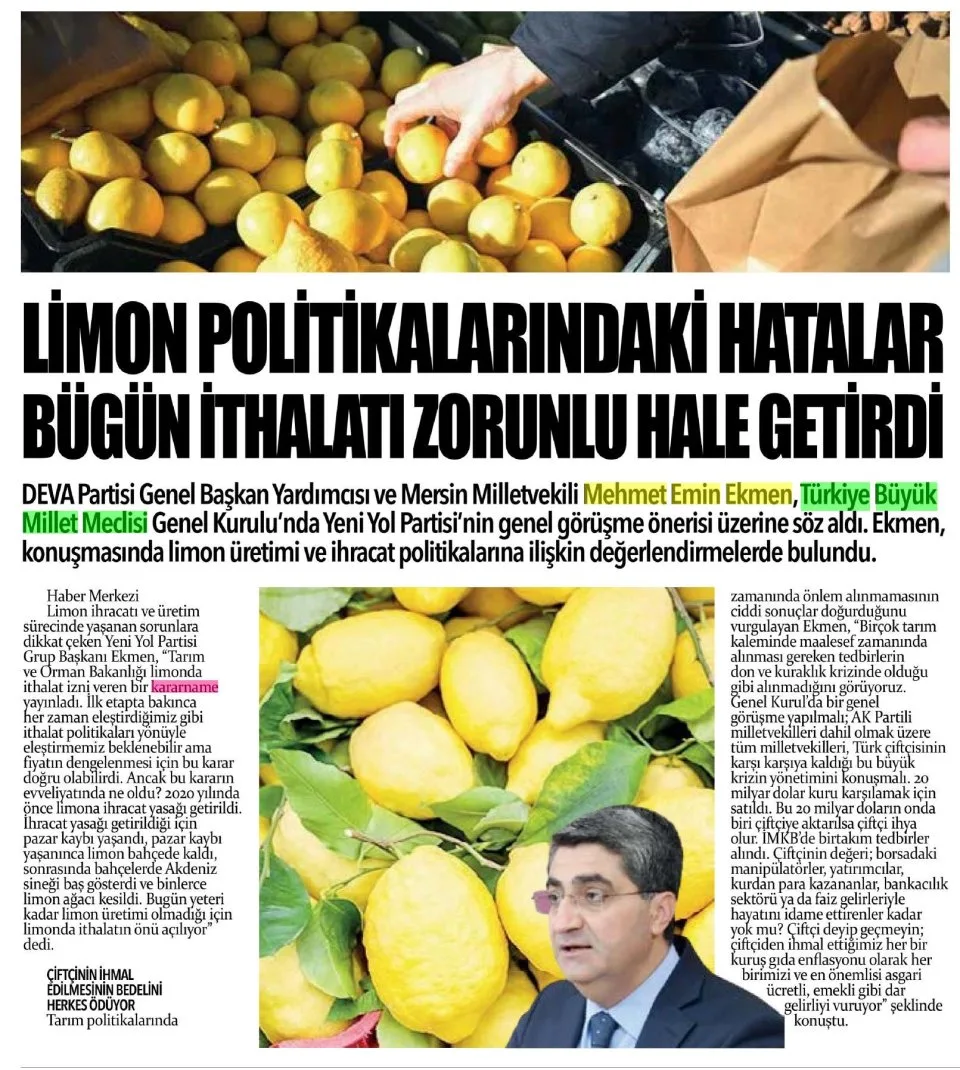"LİMON POLİTİKALARINDAKİ HATALAR BUGÜN İTHALATI ZORUNLU HALE GETİRDİ" — gazete kupürü