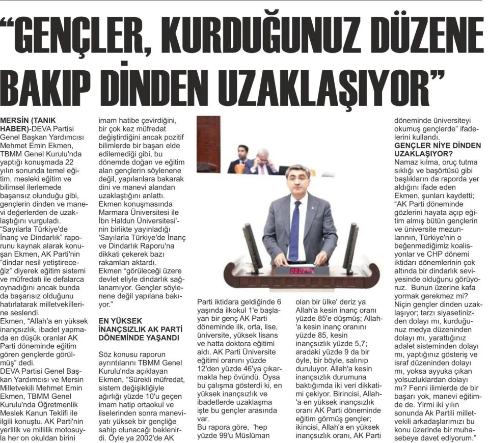 "GENÇLER, KURDUĞUNUZ DÜZENE BAKIP DİNDEN UZAKLAŞIYOR" — gazete kupürü