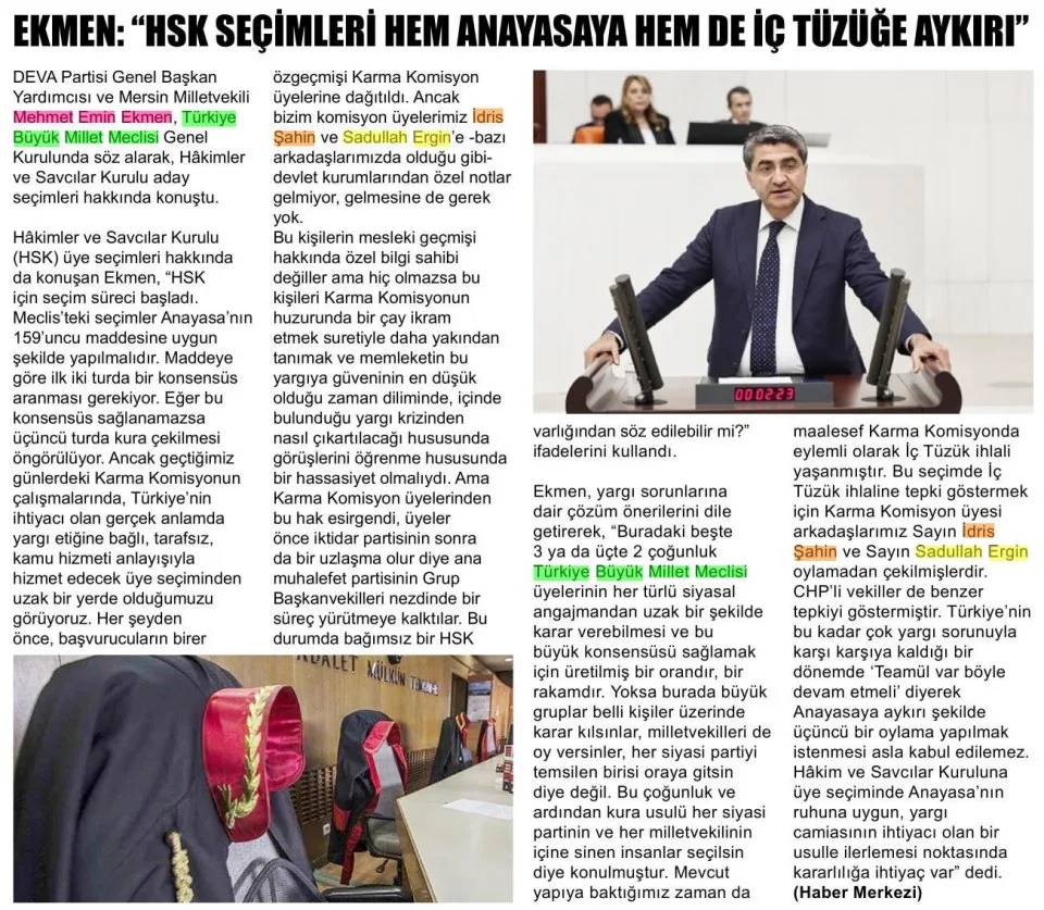 EKMEN: "HSK SEÇİMLERİ HEM ANAYASAYA HEM DE İÇ TÜZÜĞE AYKIRI" — gazete kupürü