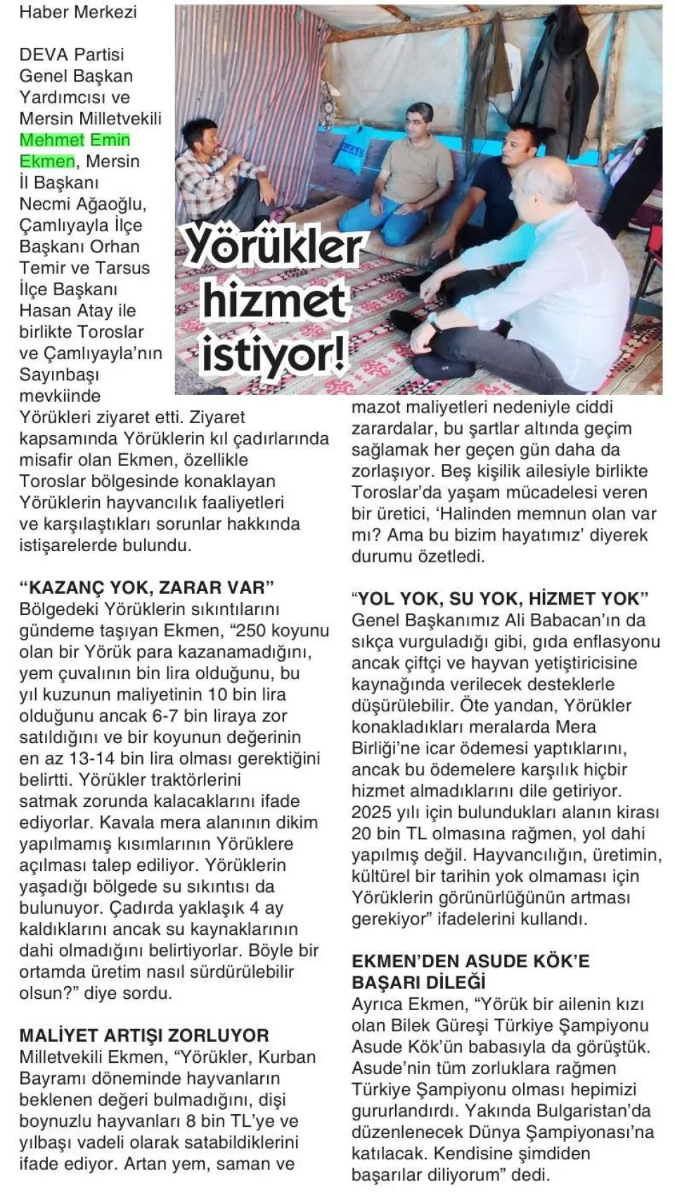 YÖRÜKLER HİZMET İSTİYOR! — gazete kupürü