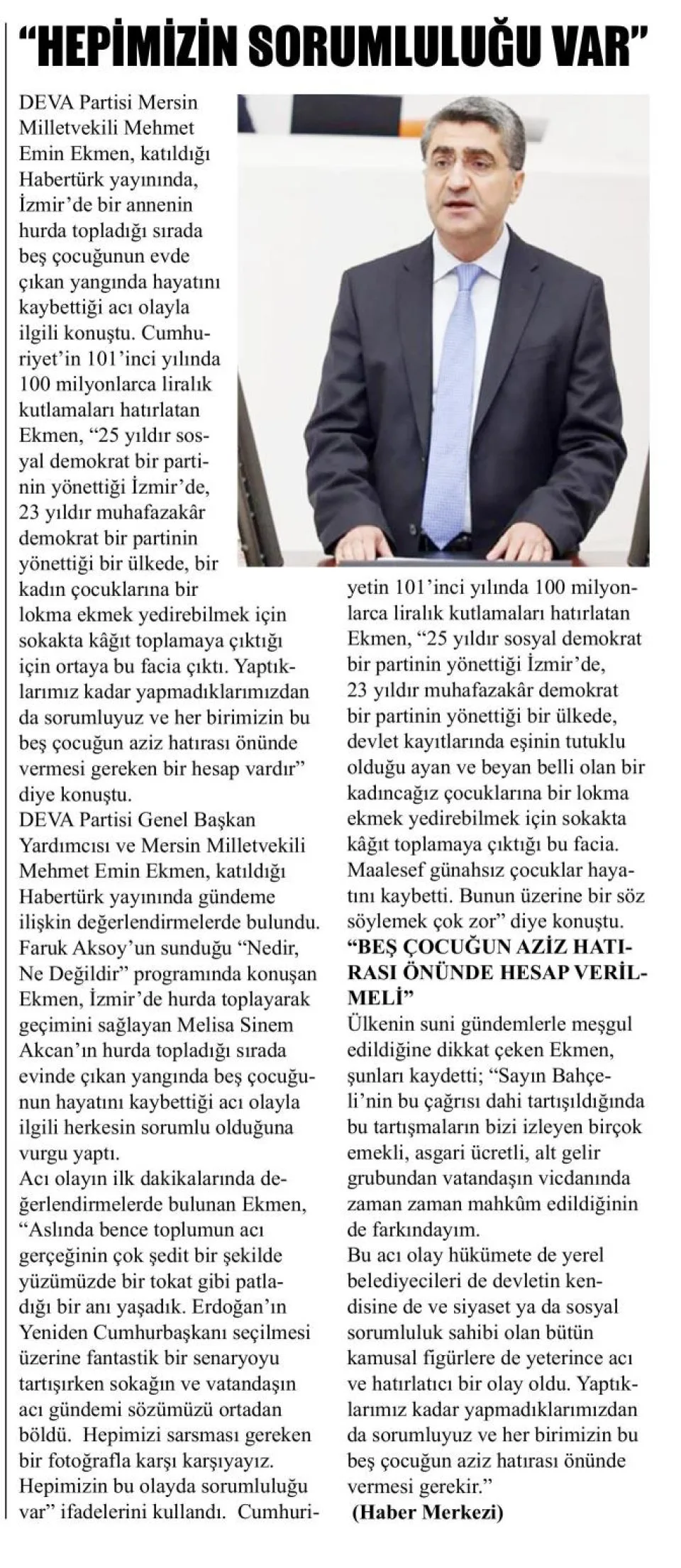 "HEPİMİZİN SORUMLULUĞU VAR" — gazete kupürü