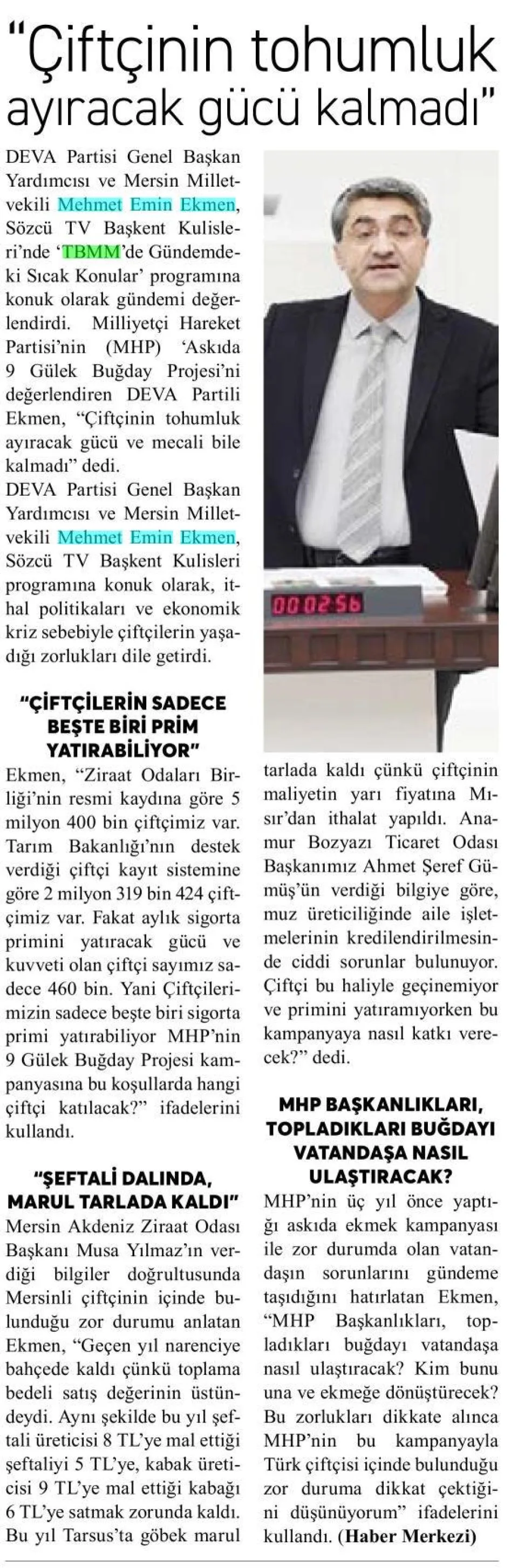 ÇİFTÇİNİN TOHUMLUK AYIRACAK GÜCÜ KALMADI" — gazete kupürü